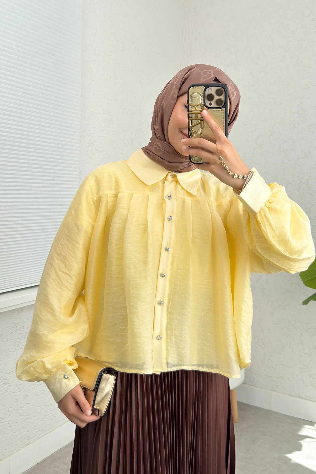Plise Detaylı Oversize Gömlek 2391 - SARI |  