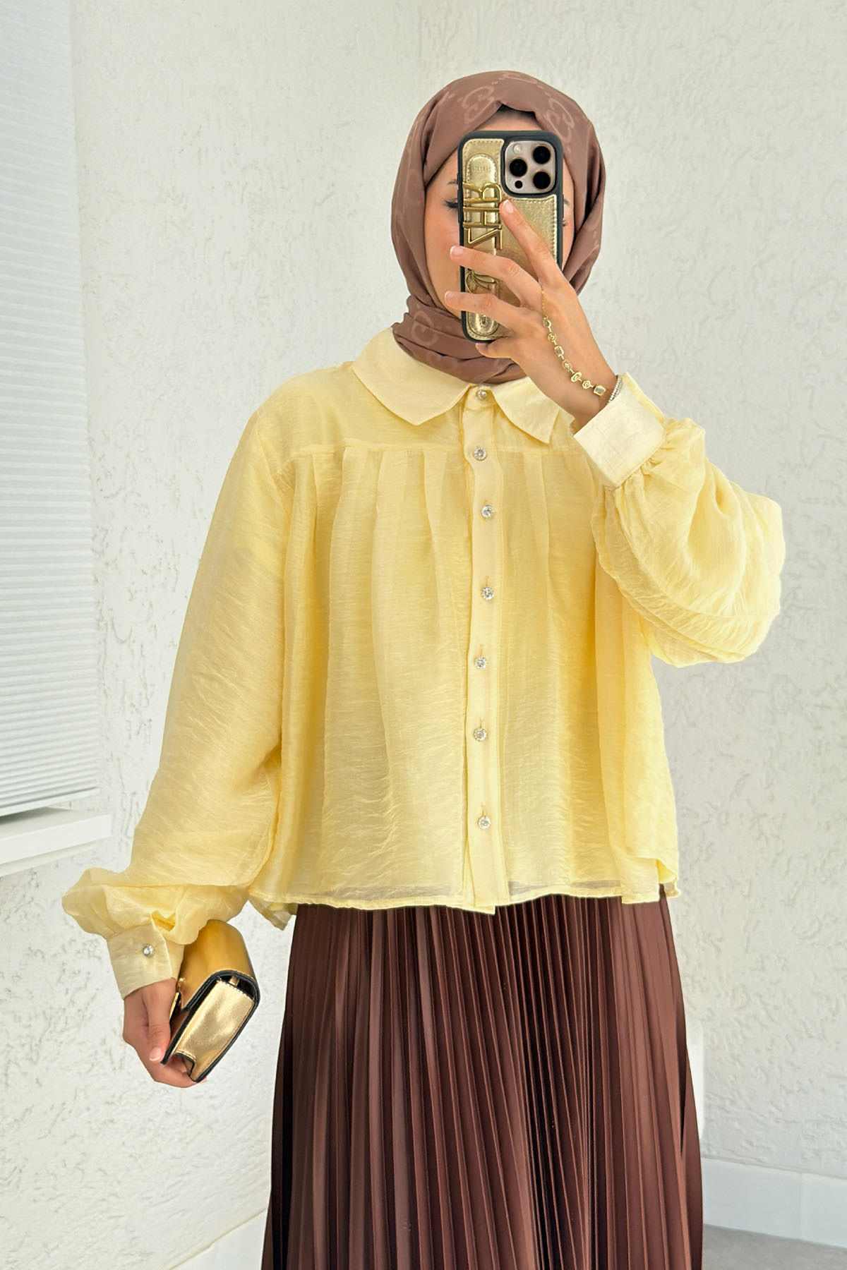 Plise Detaylı Oversize Gömlek 2391 - SARI |  