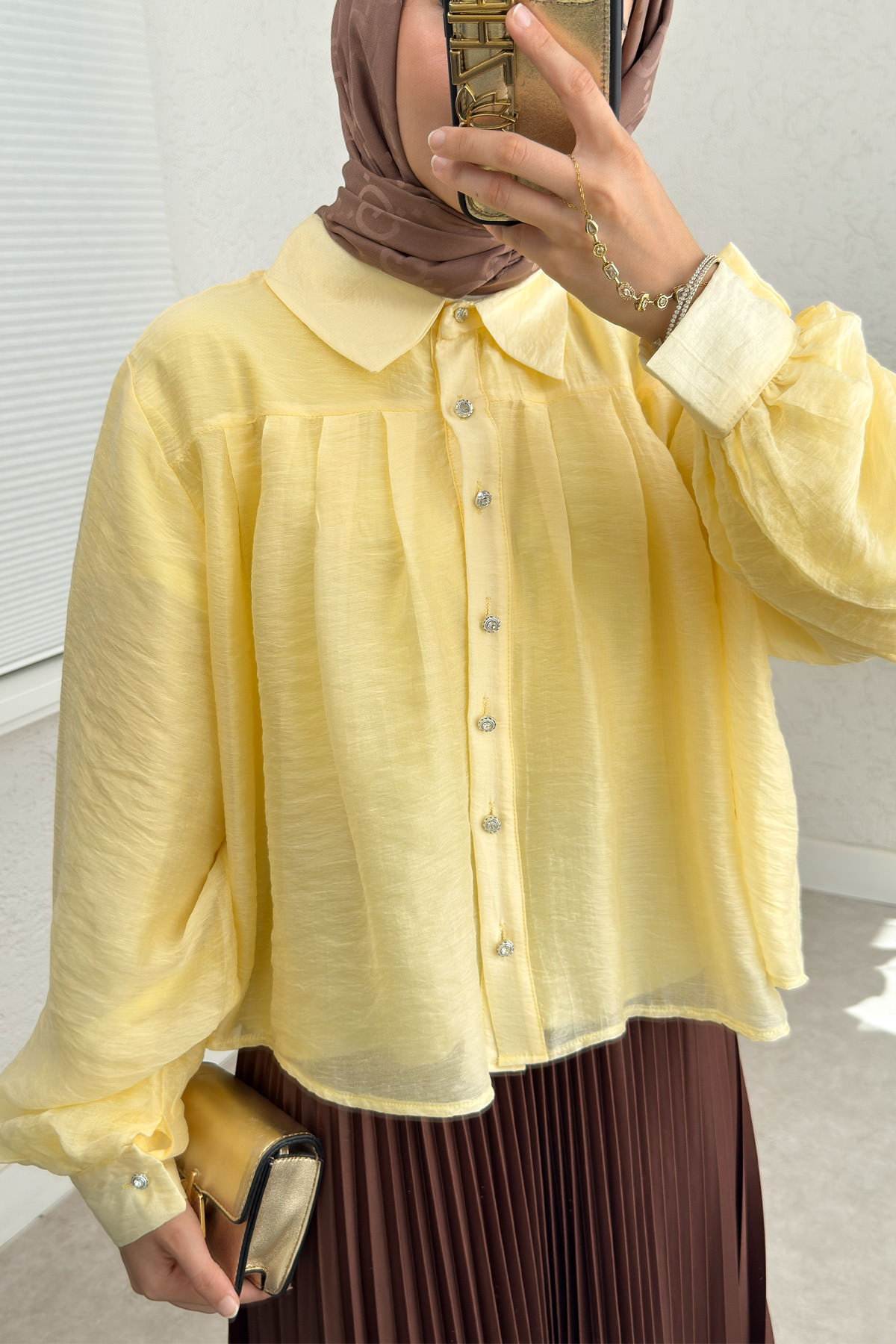 Plise Detaylı Oversize Gömlek 2391 - SARI |  