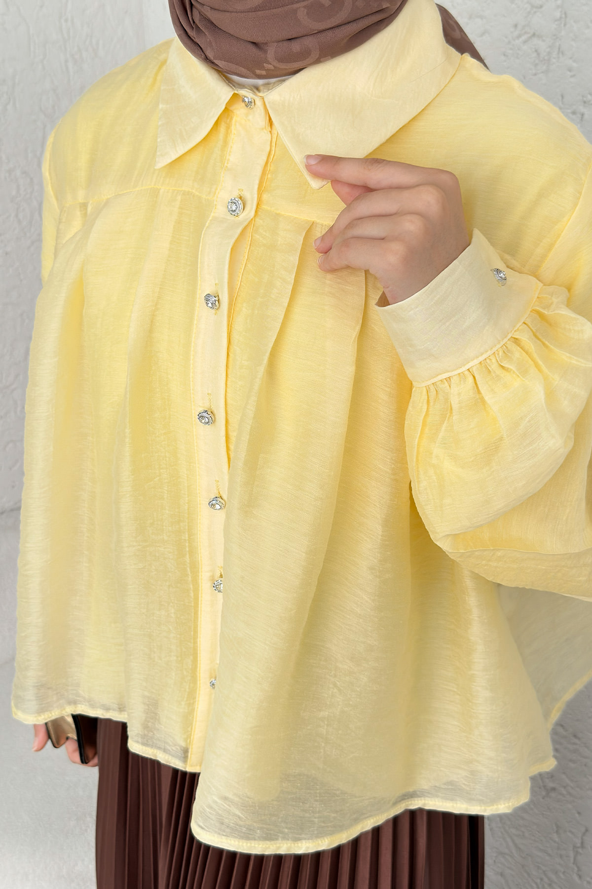 Plise Detaylı Oversize Gömlek 2391 - SARI |  