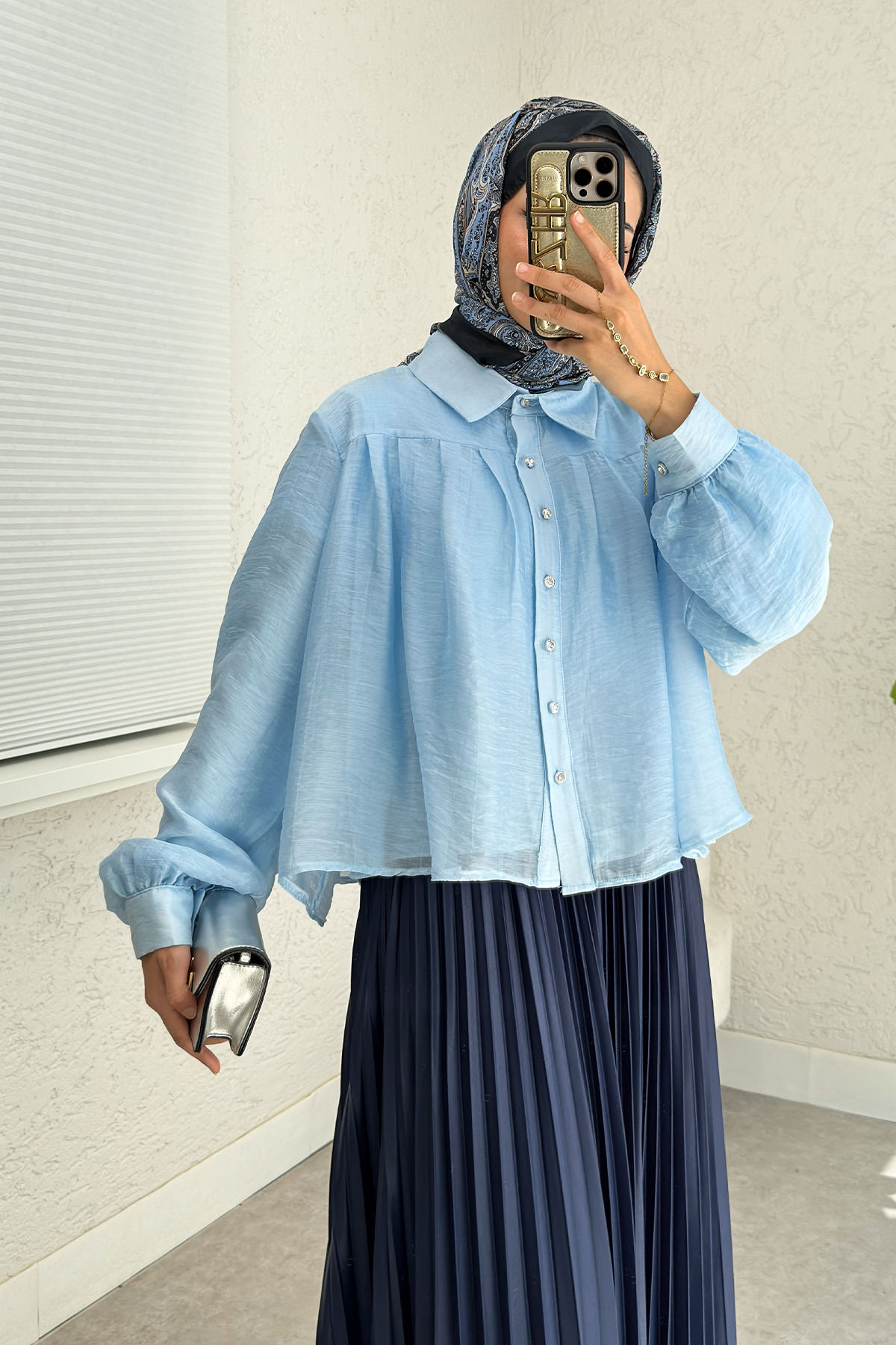 Plise Detaylı Oversize Gömlek 2391 - MAVİ |  