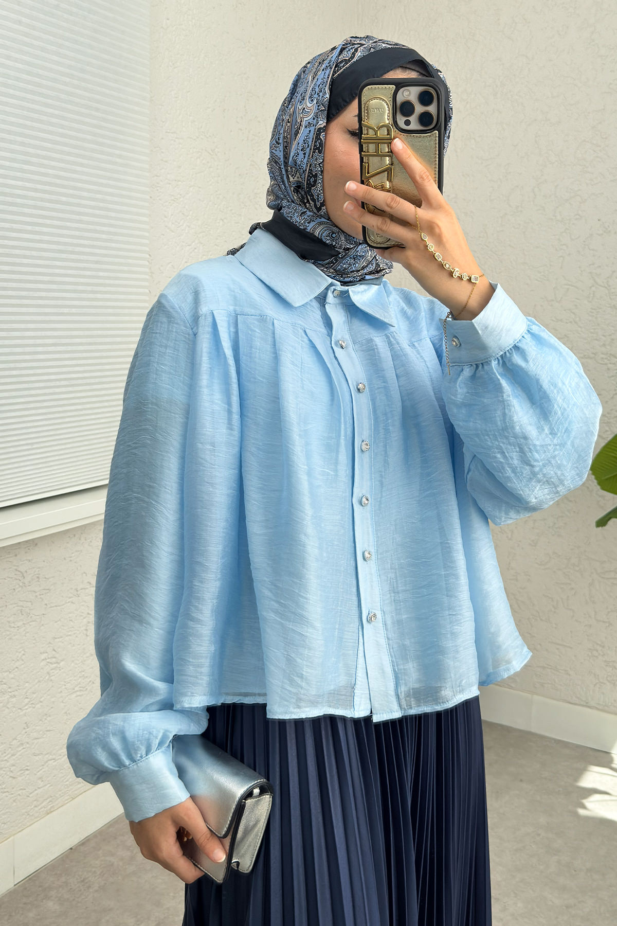 Plise Detaylı Oversize Gömlek 2391 - MAVİ |  