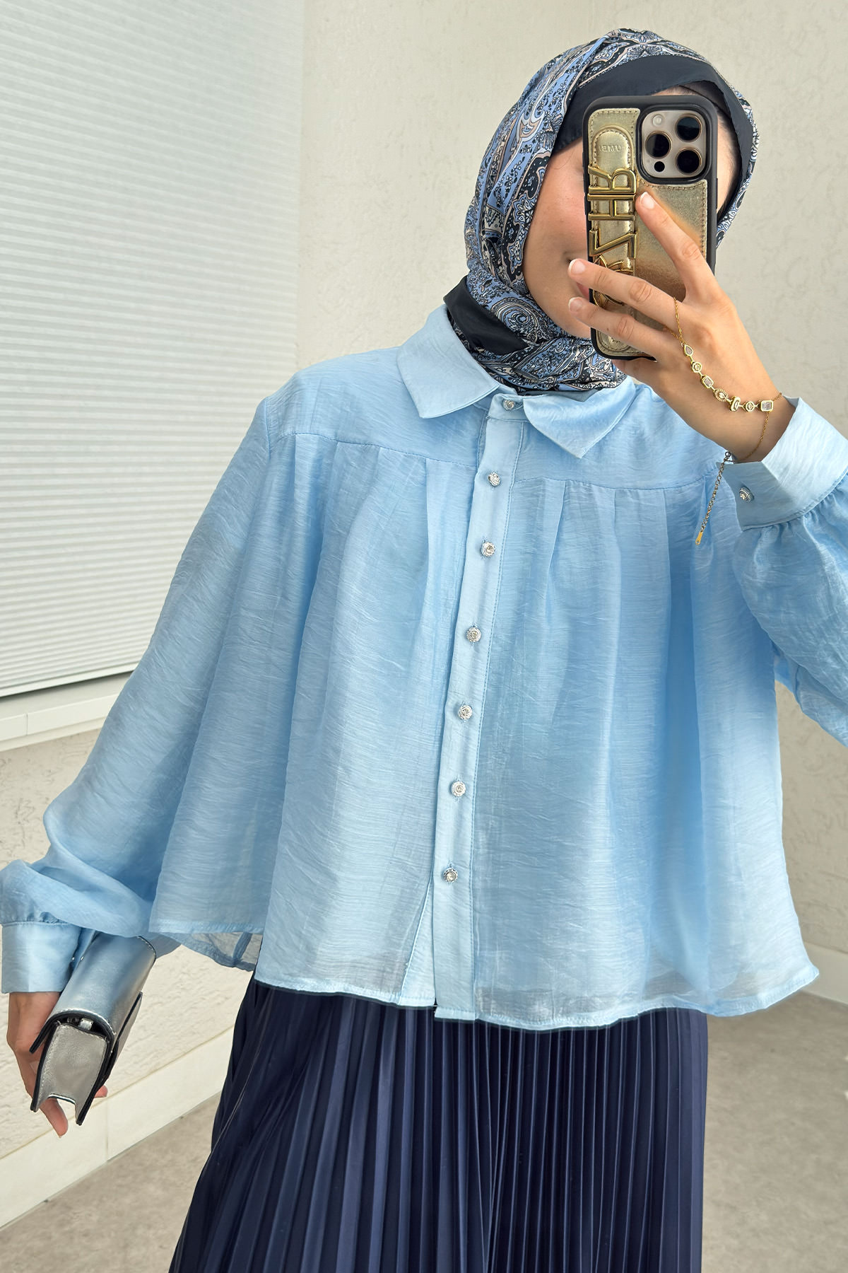 Plise Detaylı Oversize Gömlek 2391 - MAVİ |  