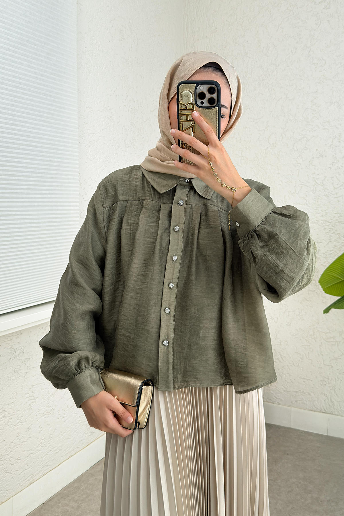 Plise Detaylı Oversize Gömlek 2391 - HAKİ |  