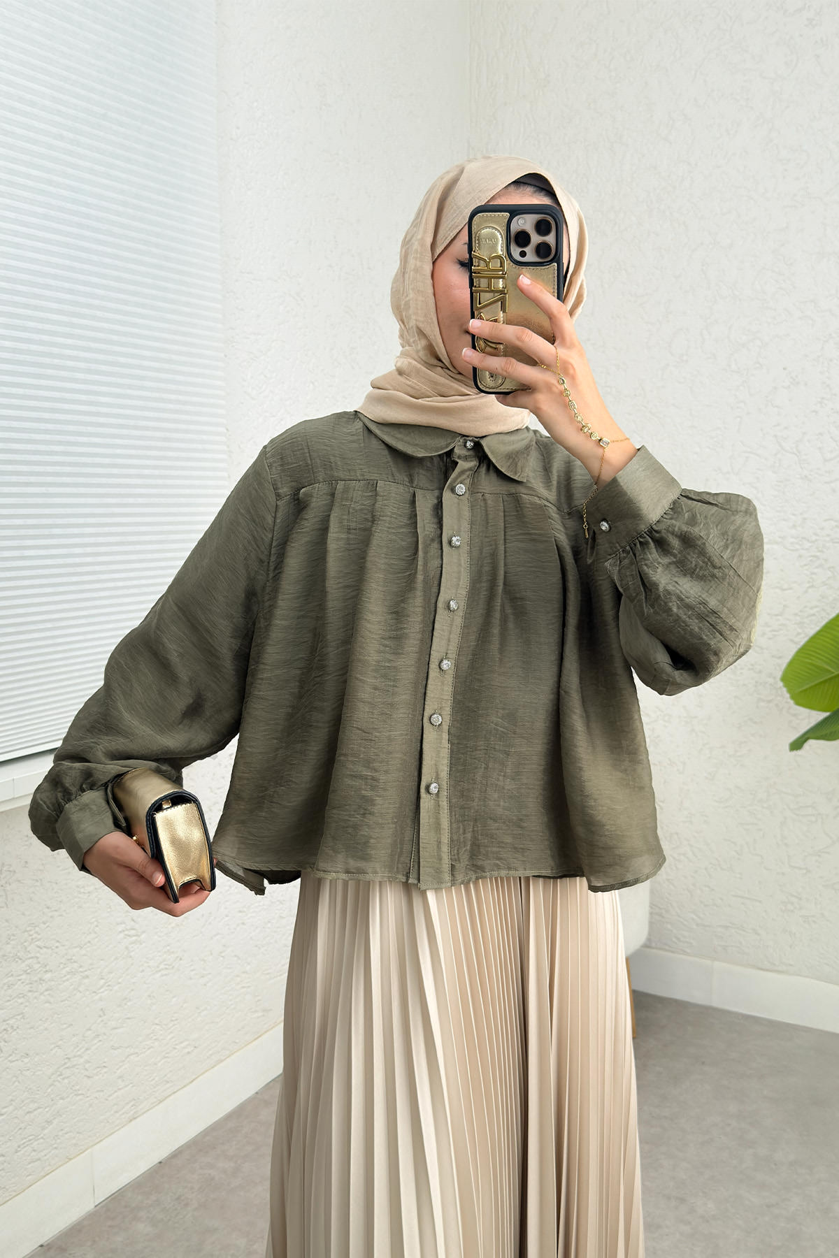 Plise Detaylı Oversize Gömlek 2391 - HAKİ |  