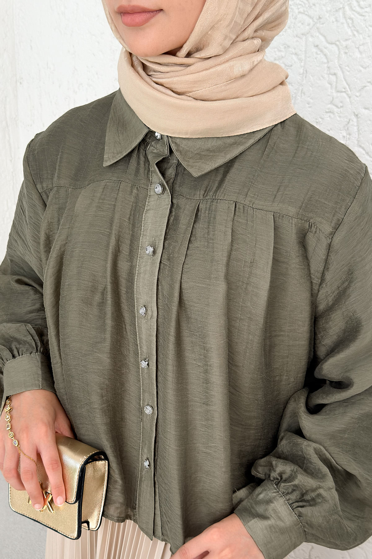 Plise Detaylı Oversize Gömlek 2391 - HAKİ |  