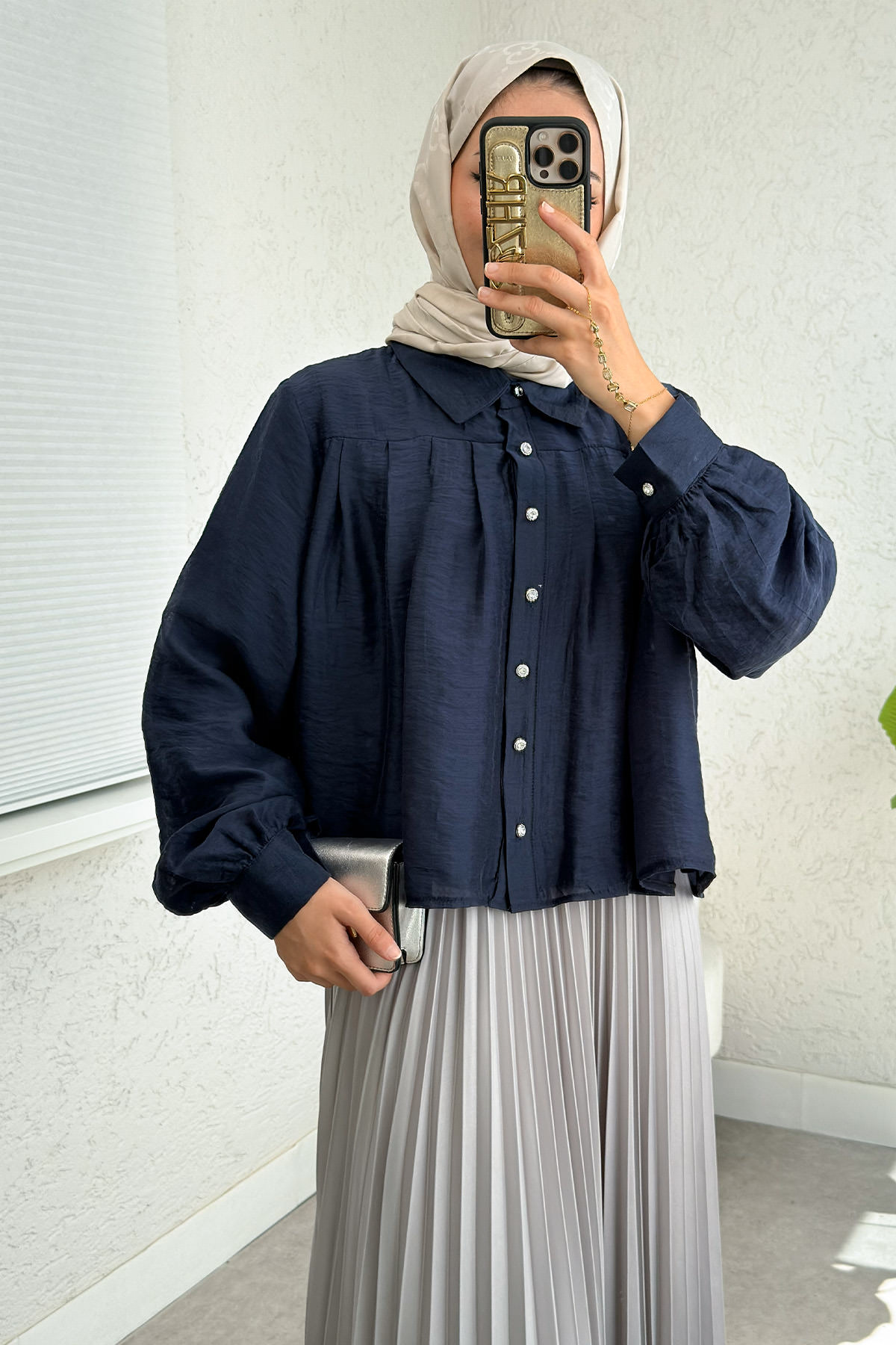 Plise Detaylı Oversize Gömlek 2391 - LACİVERT |  