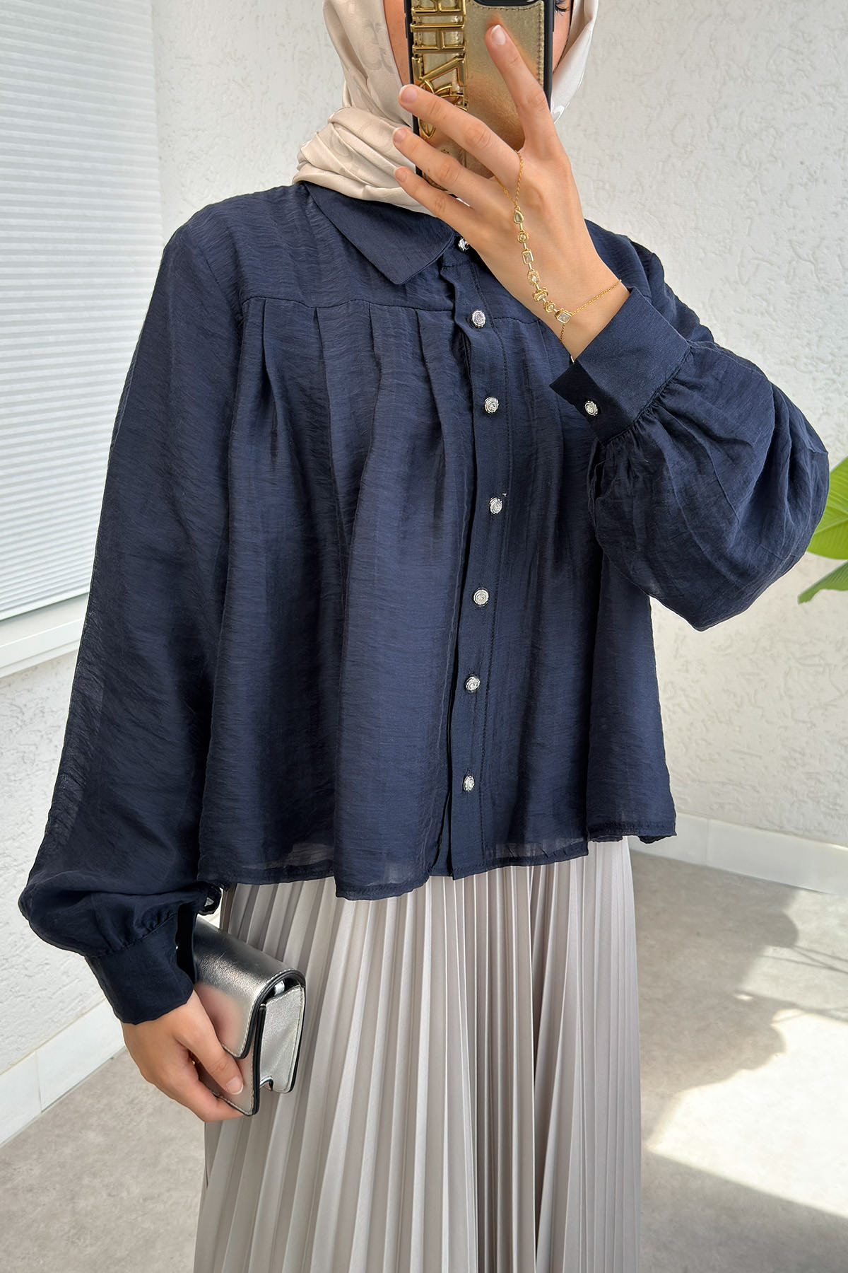 Plise Detaylı Oversize Gömlek 2391 - LACİVERT |  