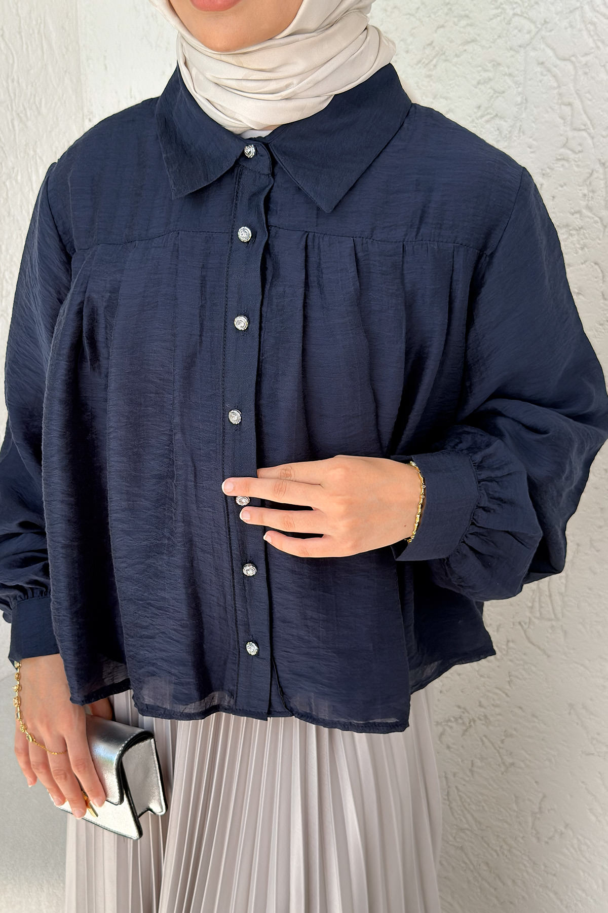 Plise Detaylı Oversize Gömlek 2391 - LACİVERT |  