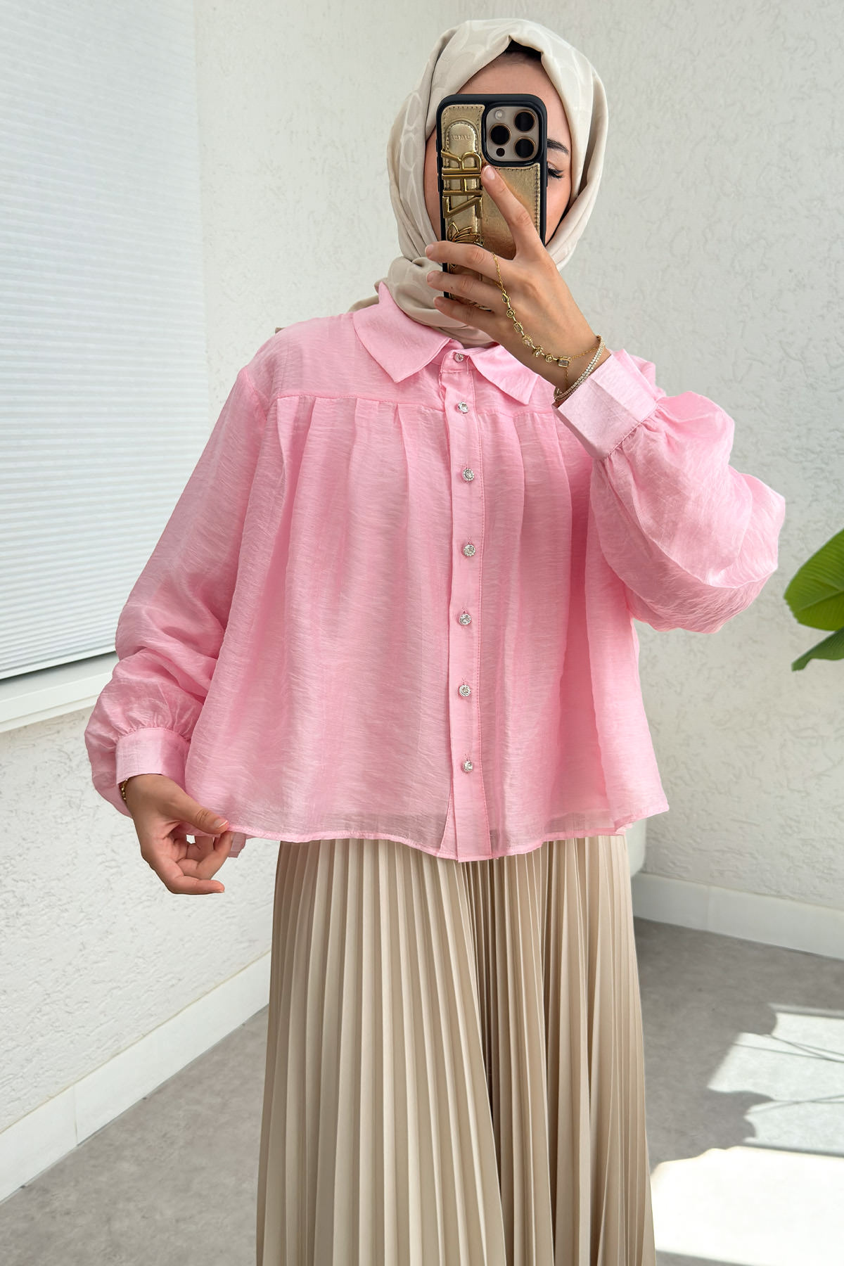 Plise Detaylı Oversize Gömlek 2391 - PEMBE |  