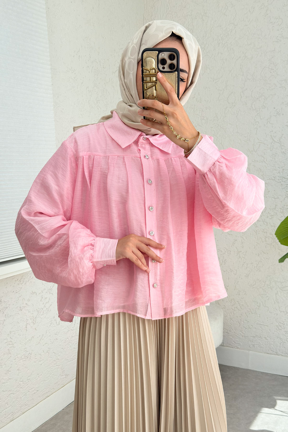 Plise Detaylı Oversize Gömlek 2391 - PEMBE |  