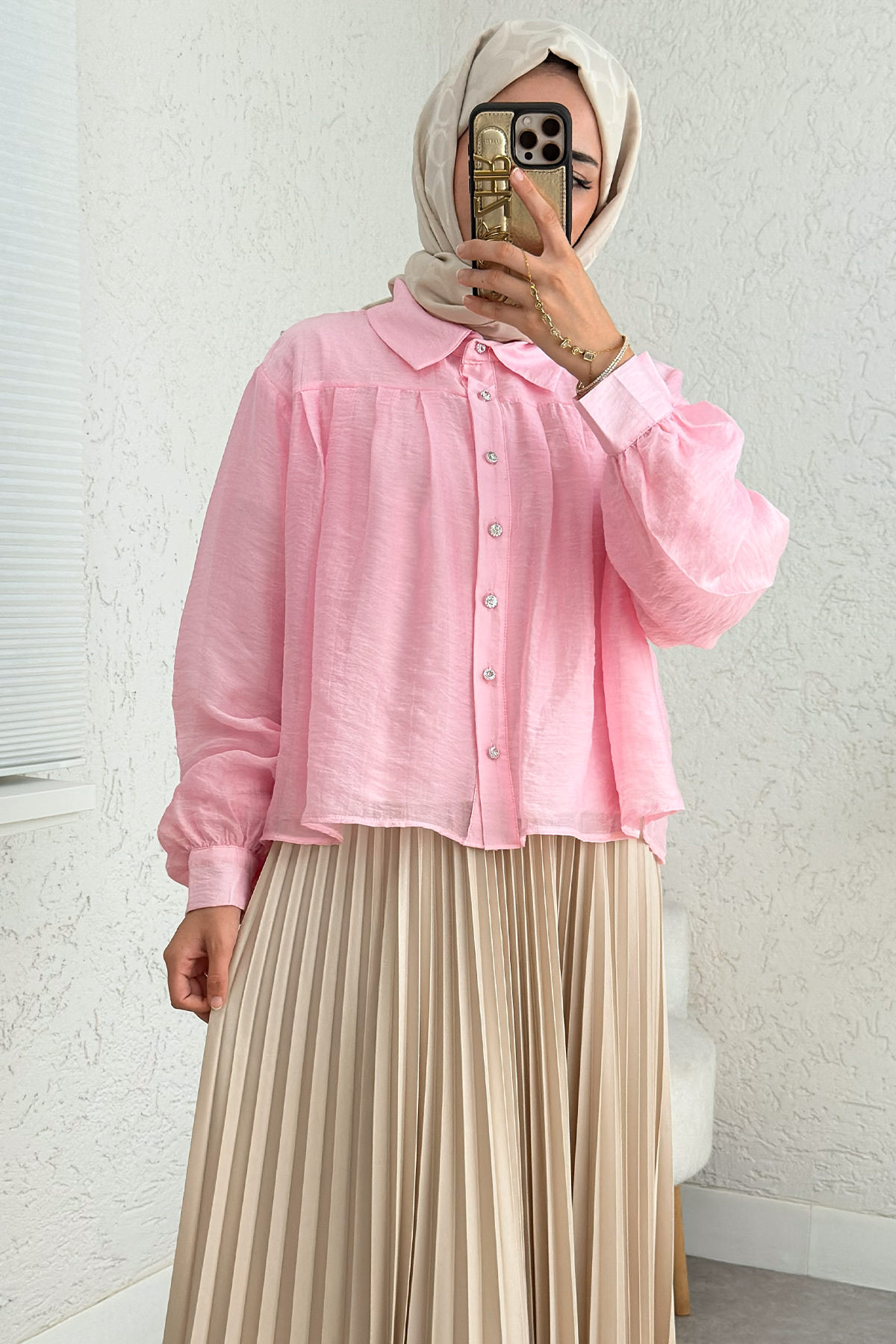 Plise Detaylı Oversize Gömlek 2391 - PEMBE |  