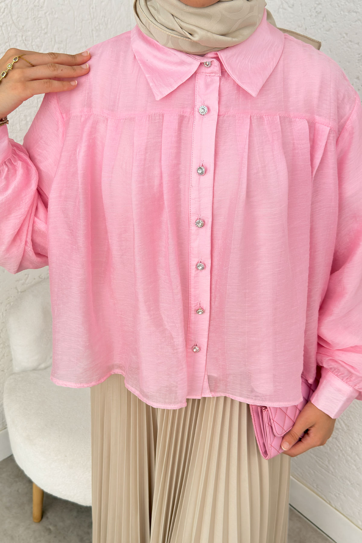 Plise Detaylı Oversize Gömlek 2391 - PEMBE |  
