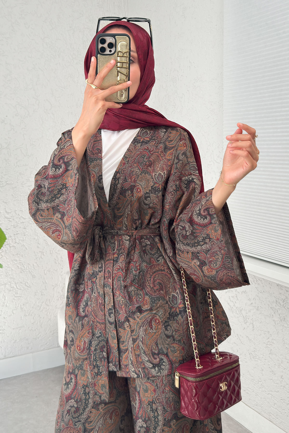 Şal Desen Kimono Takım 2395 - KOYU KAHVE |  