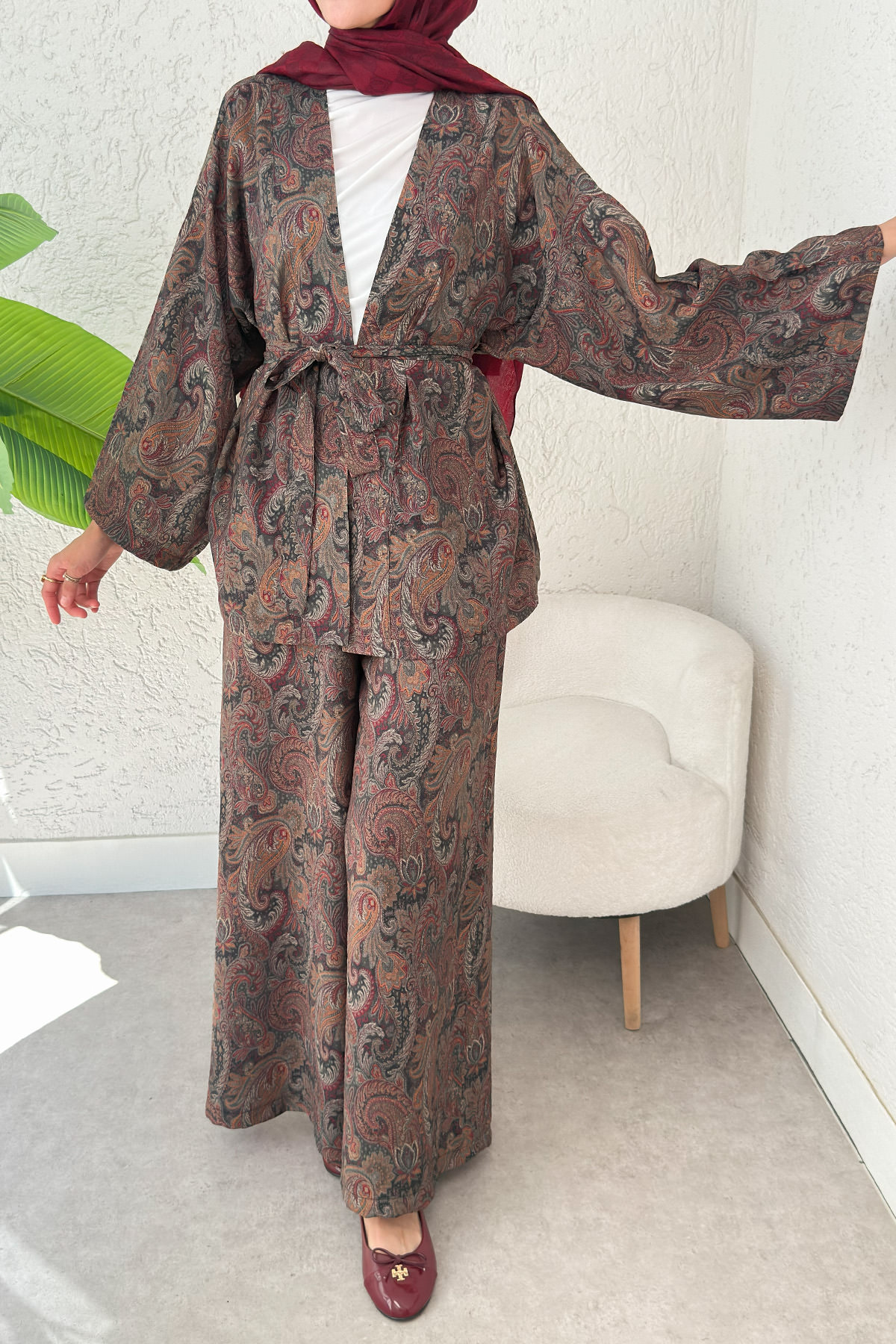 Şal Desen Kimono Takım 2395 - KOYU KAHVE |  