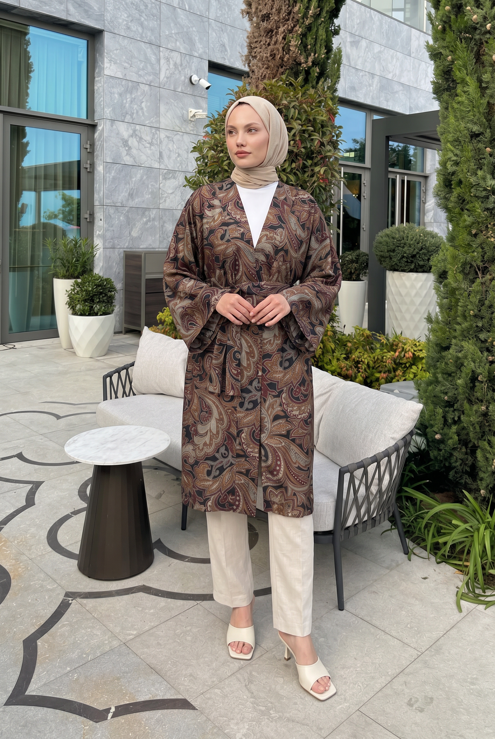 Etnik Desen Uzun Kimono 23961 - KAHVERENGİ |  
