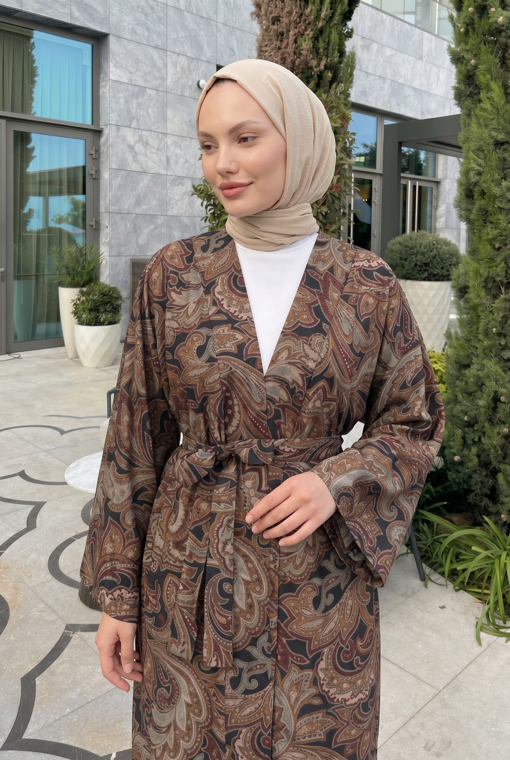 Etnik Desen Uzun Kimono 23961 - KAHVERENGİ |  