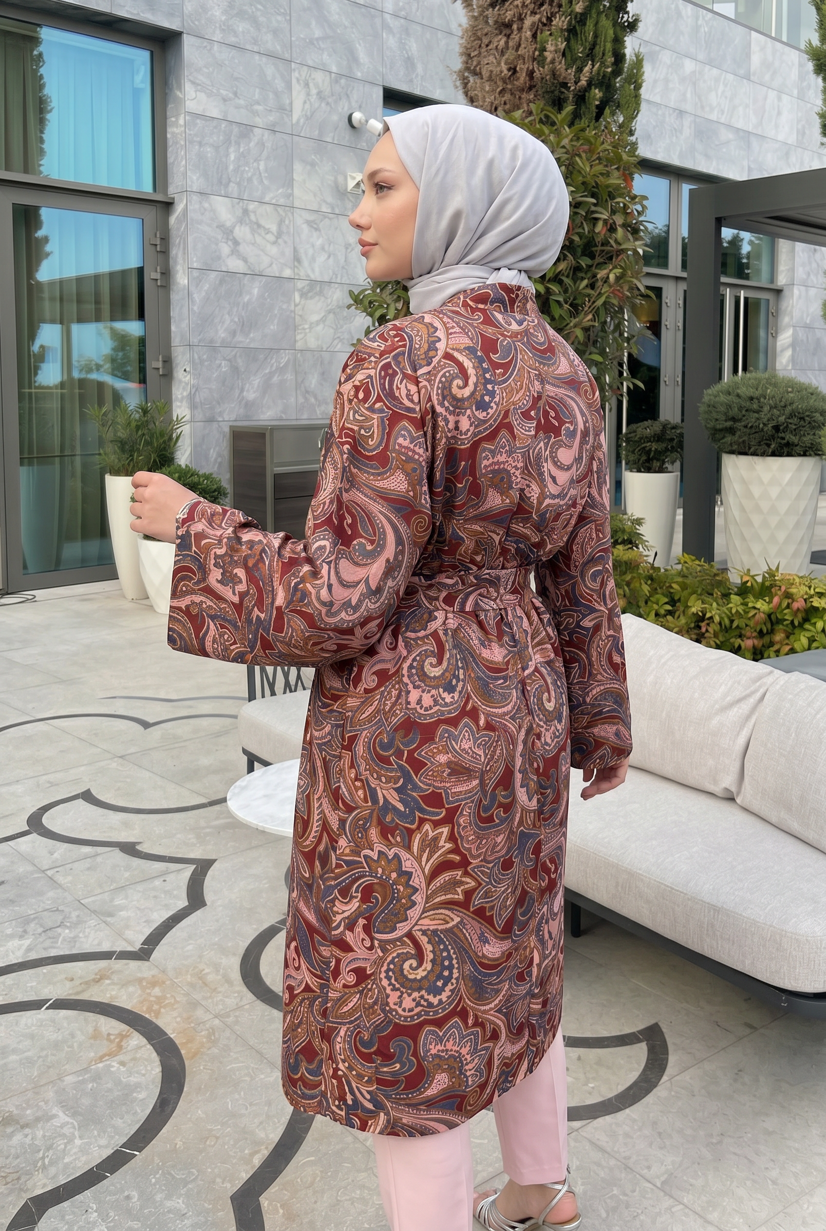 Etnik Desen Uzun Kimono 23961 - BORDO |  