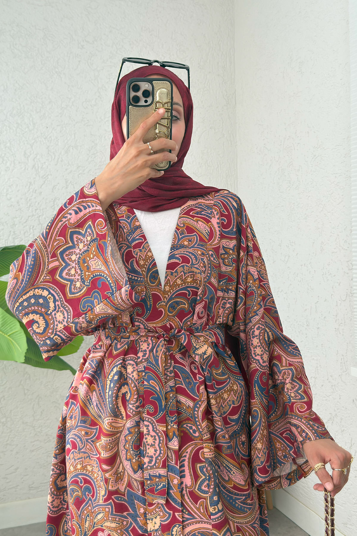 Etnik Desen Uzun Kimono 23961 - BORDO |  