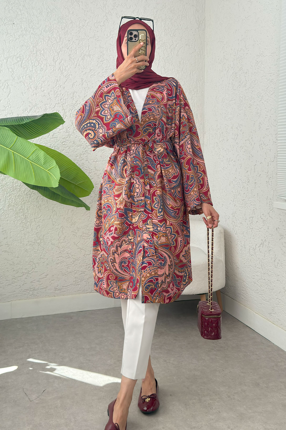 Etnik Desen Uzun Kimono 23961 - BORDO |  