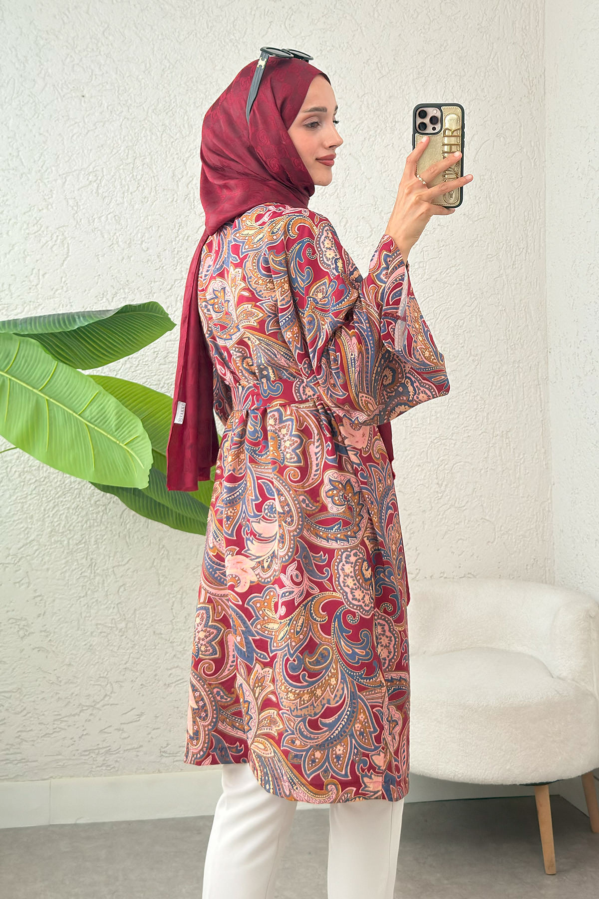 Etnik Desen Uzun Kimono 23961 - BORDO |  