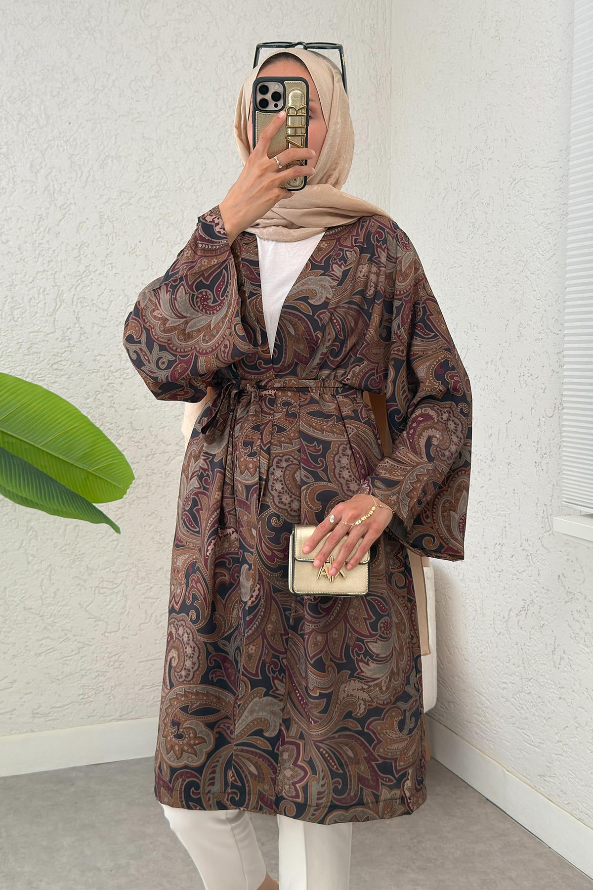 Etnik Desen Uzun Kimono 23961 - KOYU KAHVE | zenne.com 