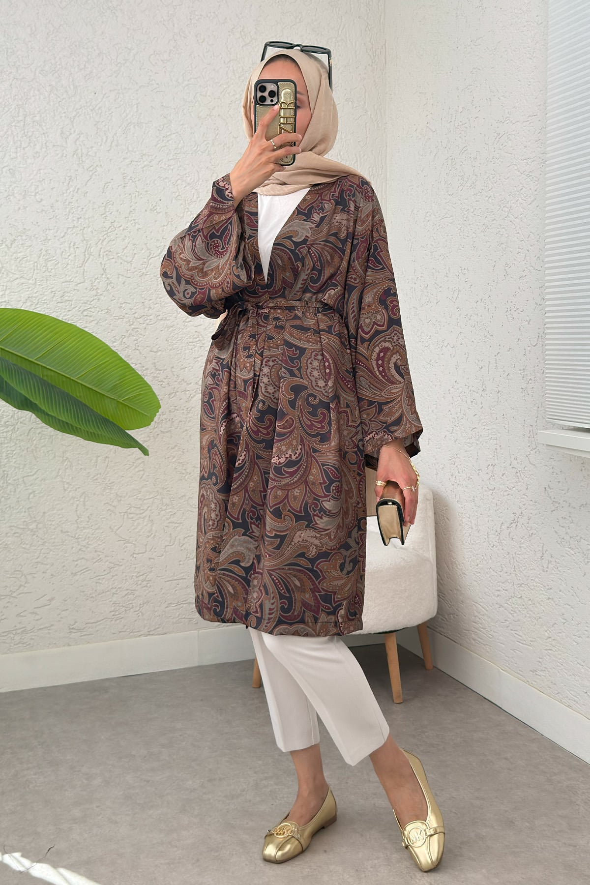 Etnik Desen Uzun Kimono 23961 - KOYU KAHVE | zenne.com 