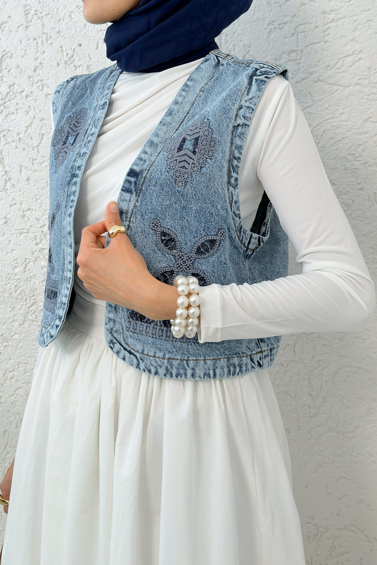 Nakışlı Denim Yelek 92030 - MAVİ |  