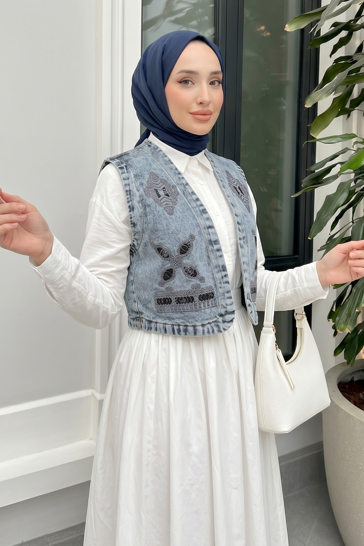 Nakışlı Denim Yelek 92030 - MAVİ |  
