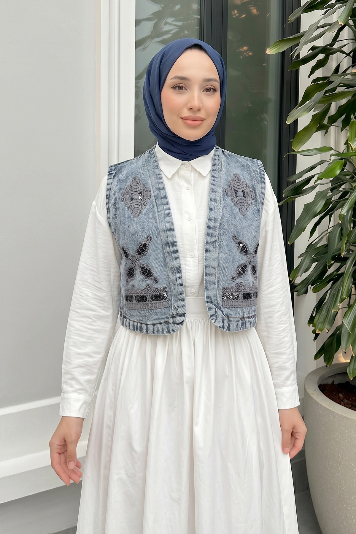Nakışlı Denim Yelek 92030 - MAVİ |  