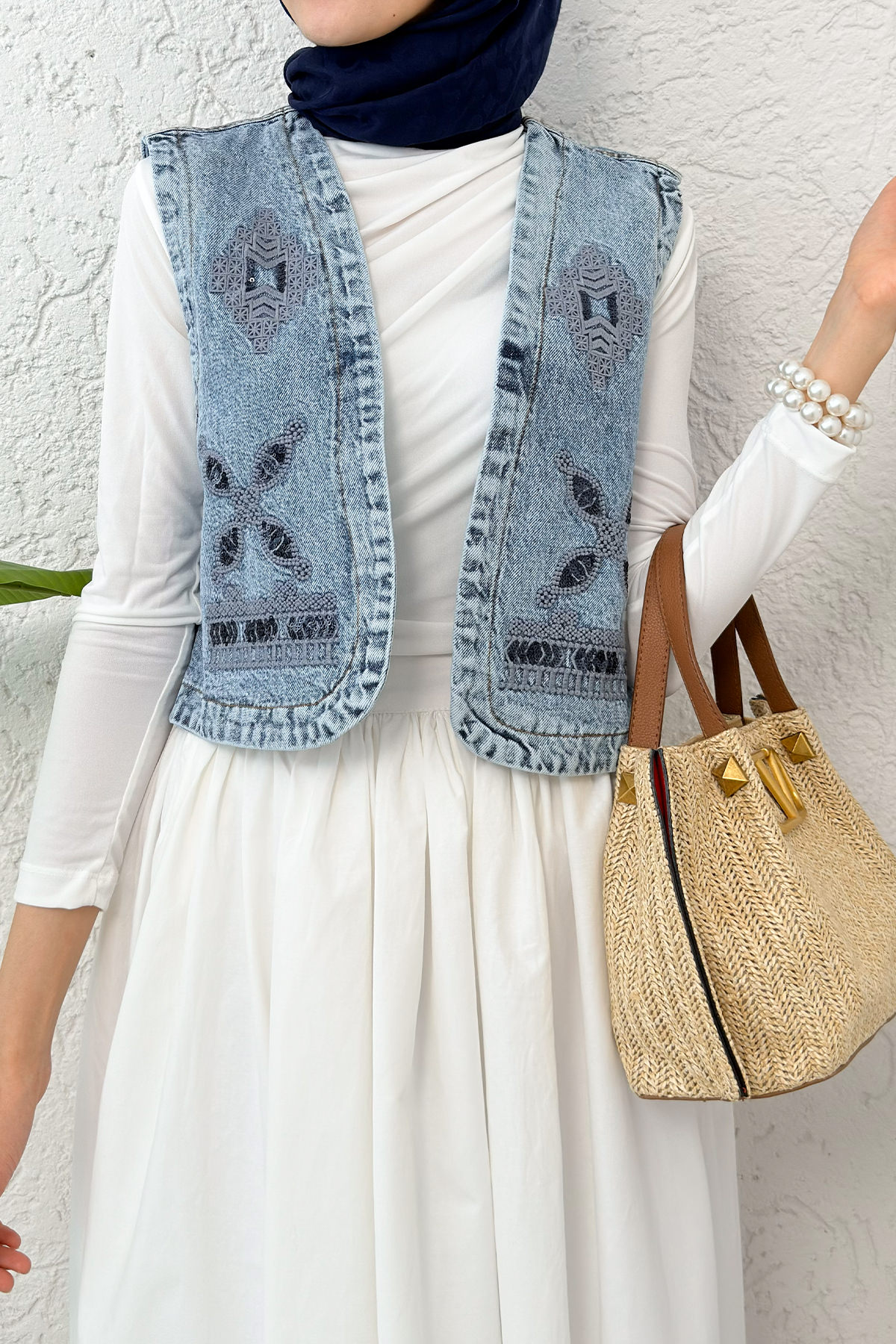 Nakışlı Denim Yelek 92030 - MAVİ |  