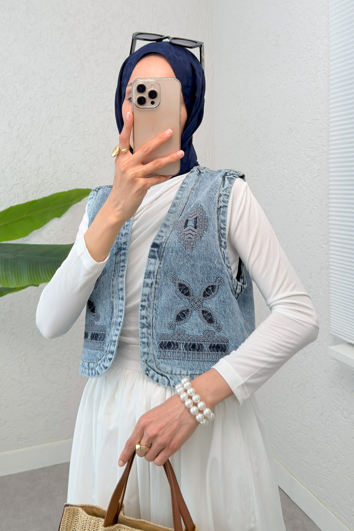 Nakışlı Denim Yelek 92030 - MAVİ |  