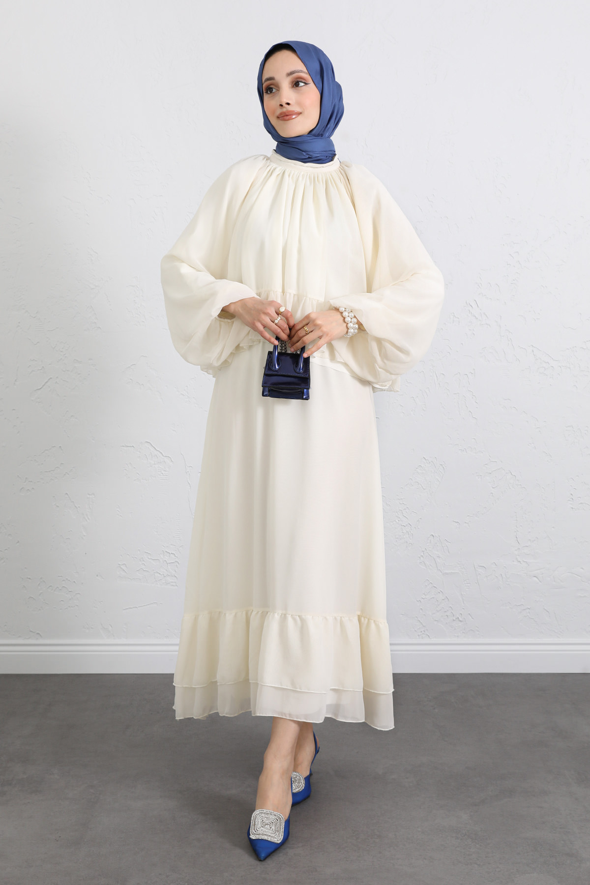 Volanlı Şifon Takım 2538 - EKRU |  