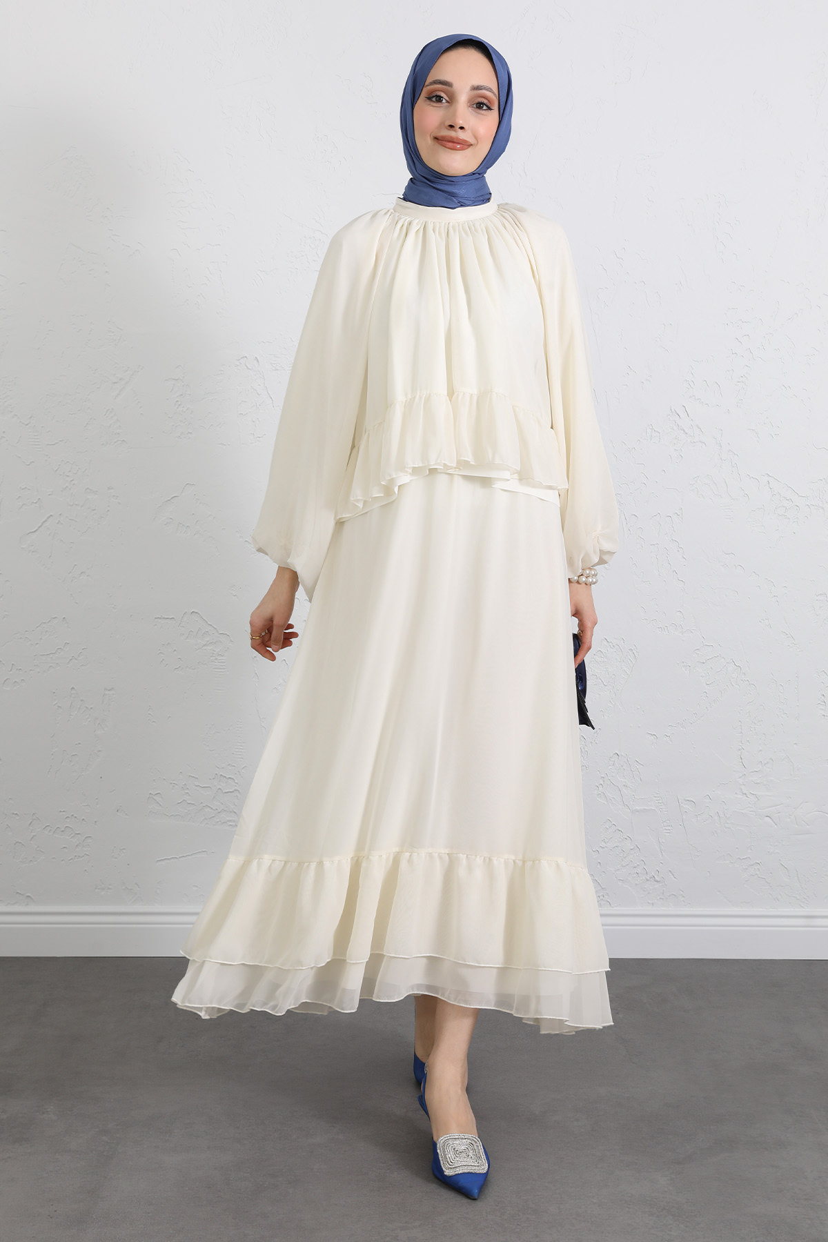 Volanlı Şifon Takım 2538 - EKRU |  