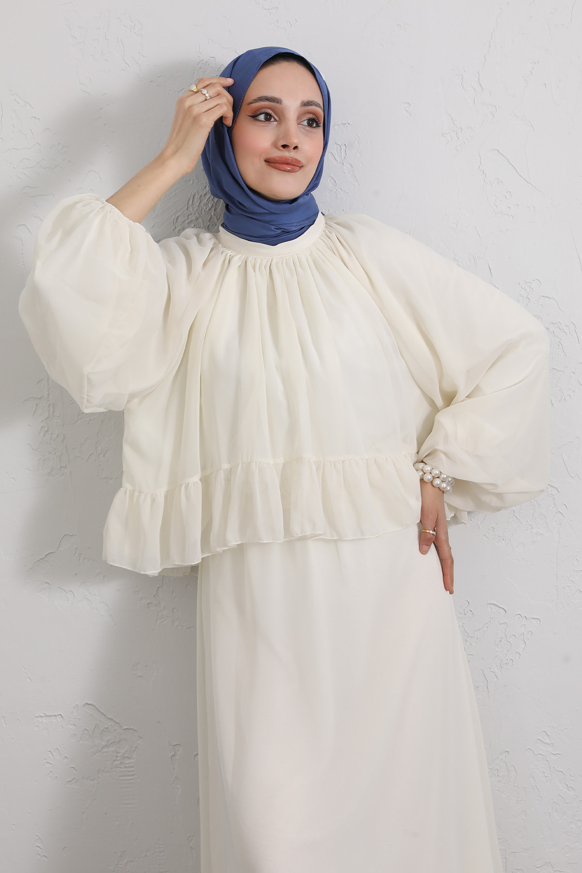 Volanlı Şifon Takım 2538 - EKRU |  