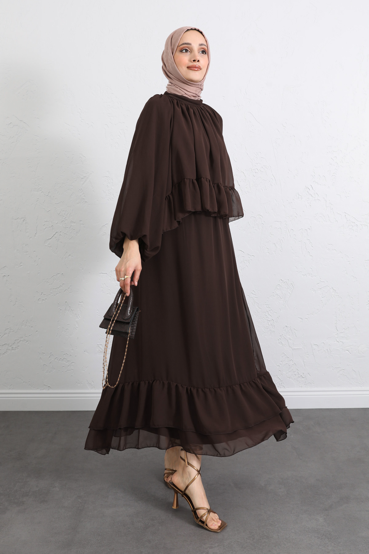 Volanlı Şifon Takım 2538 - KAHVERENGİ |  