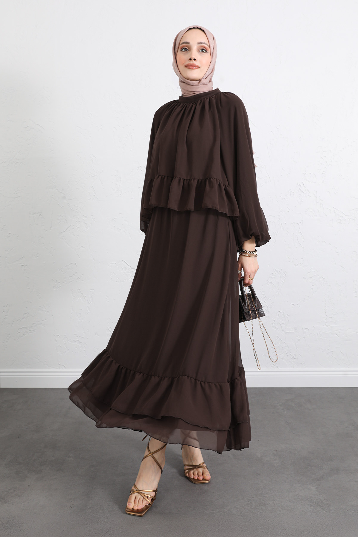 Volanlı Şifon Takım 2538 - KAHVERENGİ |  