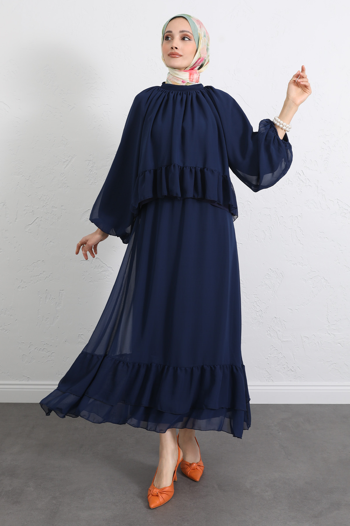 Volanlı Şifon Takım 2538 - LACİVERT |  