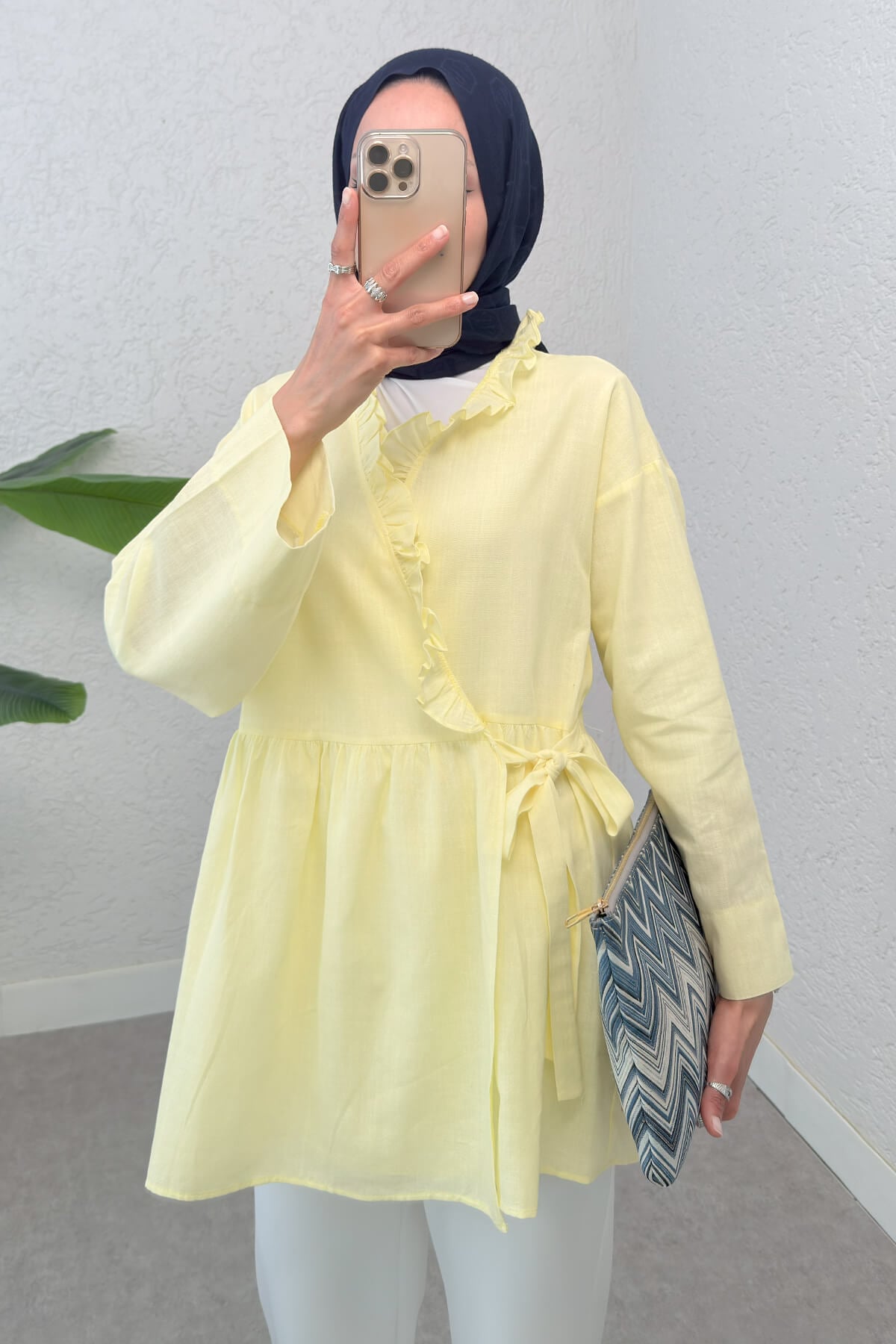 2151 Önden Bağlamalı Fırfırlı Tunik  - SARI |  