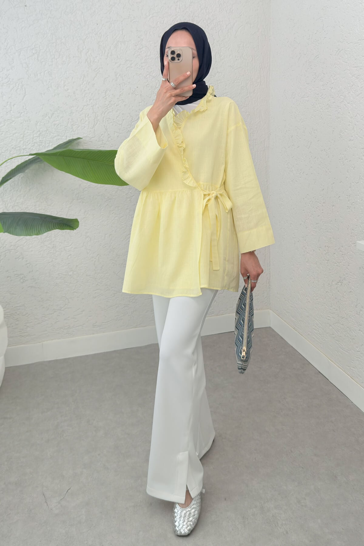 2151 Önden Bağlamalı Fırfırlı Tunik  - SARI |  