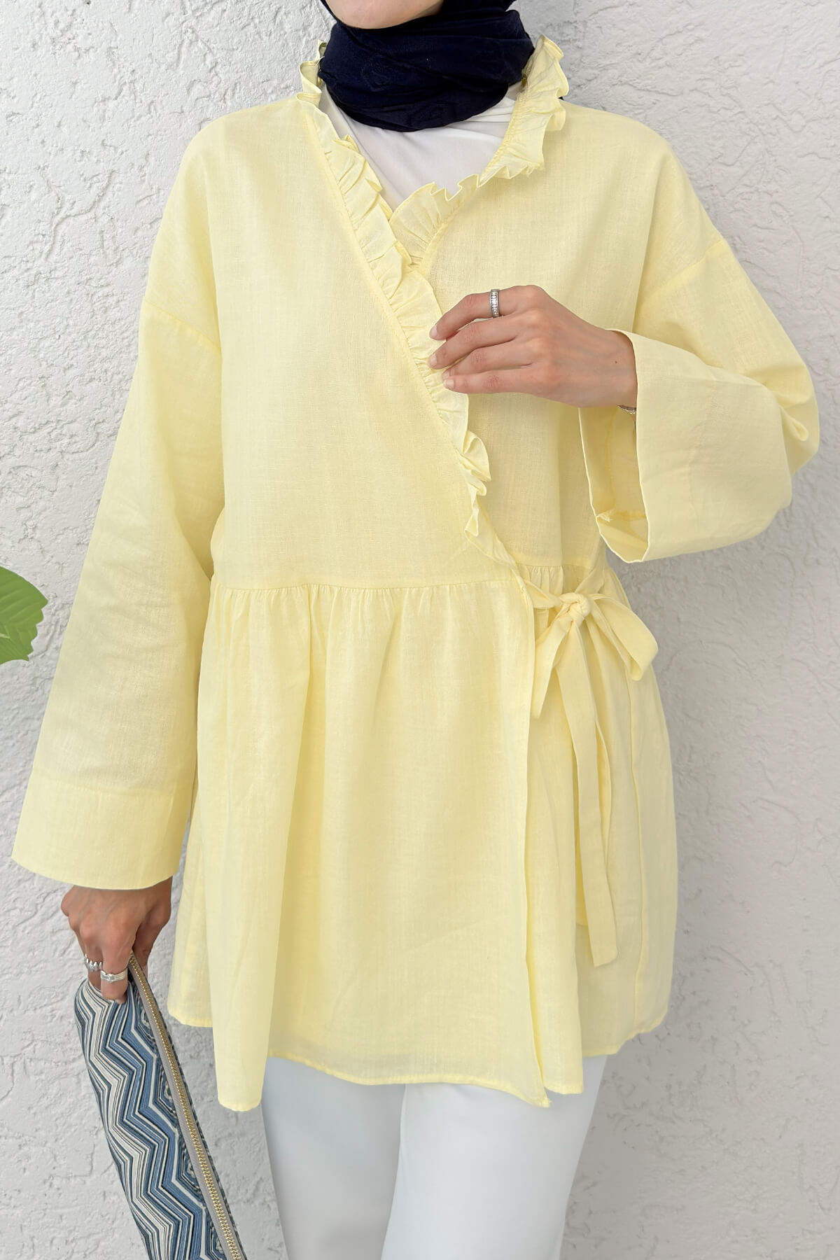 2151 Önden Bağlamalı Fırfırlı Tunik  - SARI |  