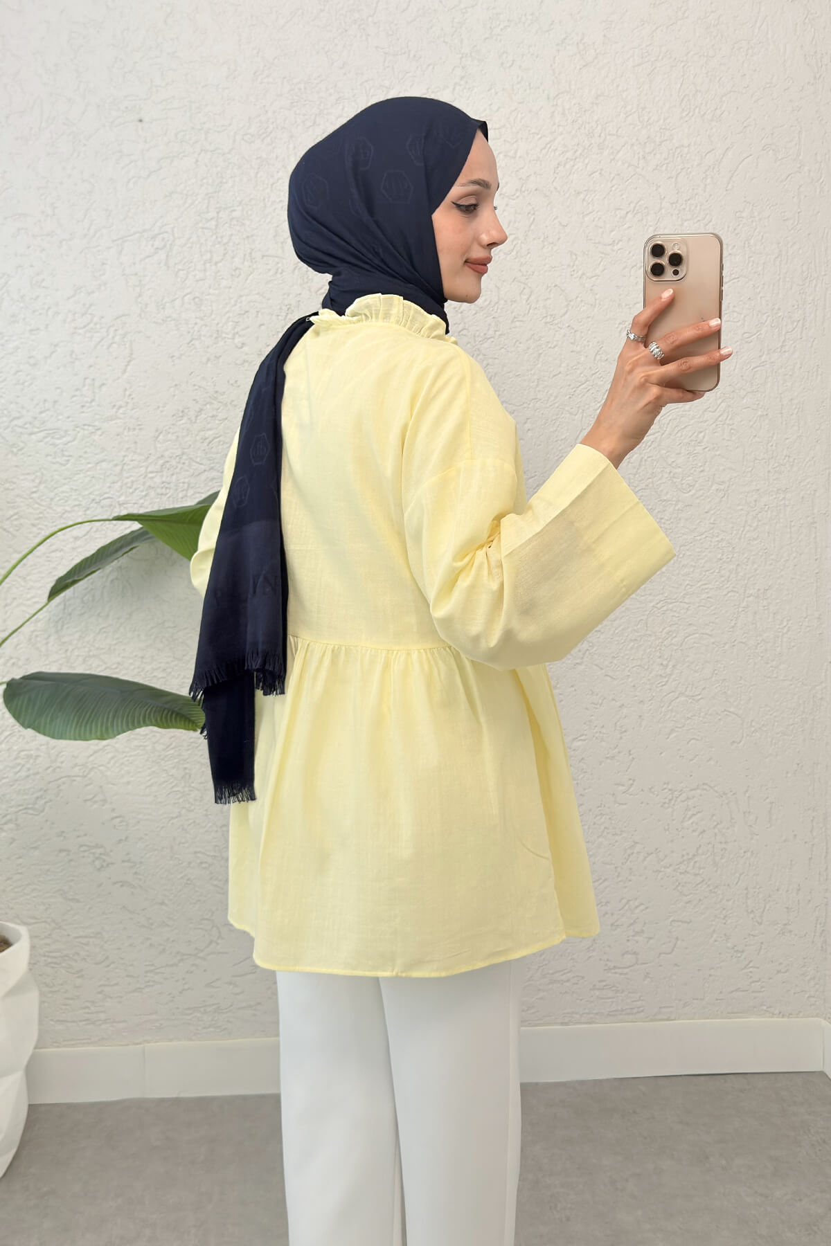 2151 Önden Bağlamalı Fırfırlı Tunik  - SARI |  