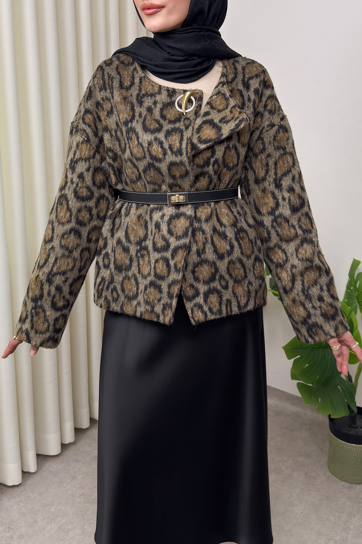 Leopar Desen Kaşe Ceket 2602 - KAHVERENGİ |  