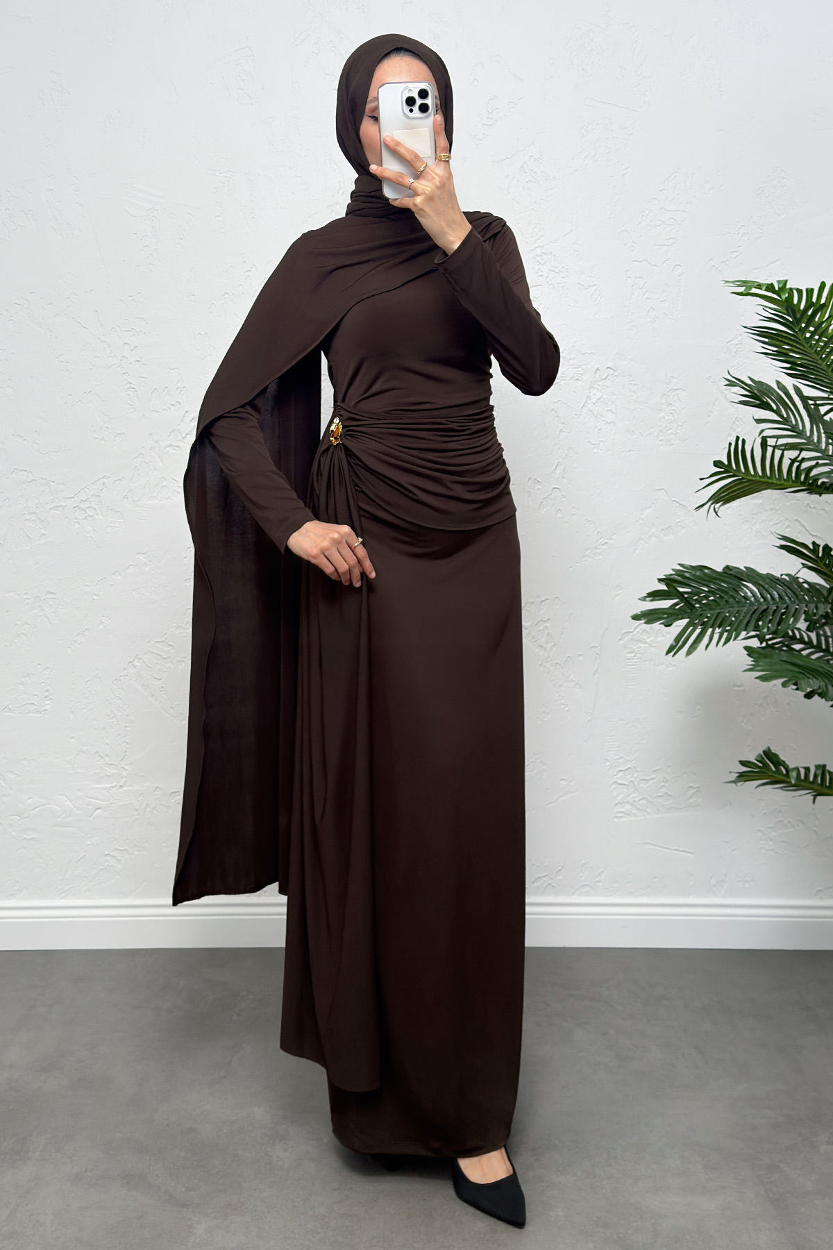 Pelerinli Drapeli Elbise 265000 - KAHVERENGİ |  