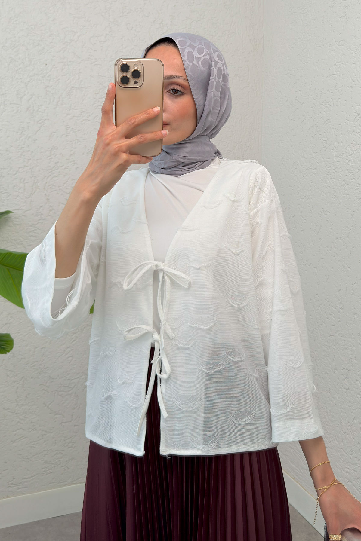 İp Bağcıklı Püsküllü Kimono 2315 - BEYAZ |  