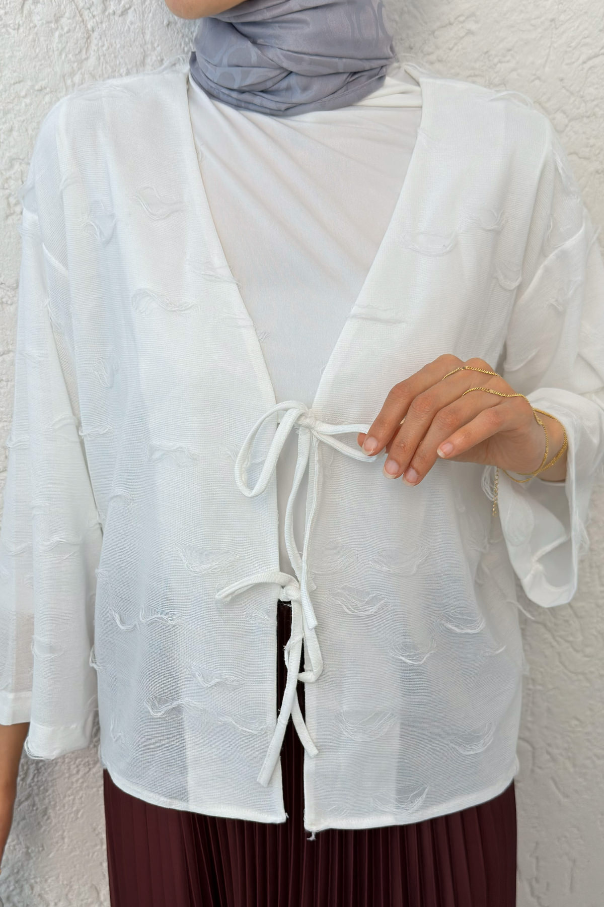 İp Bağcıklı Püsküllü Kimono 2315 - BEYAZ |  