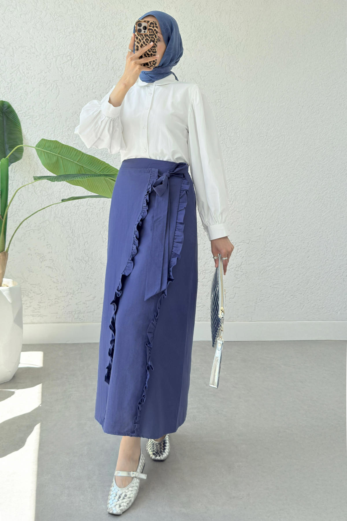 Asimetrik Fırfırlı Etek 2325 - İNDİGO |  