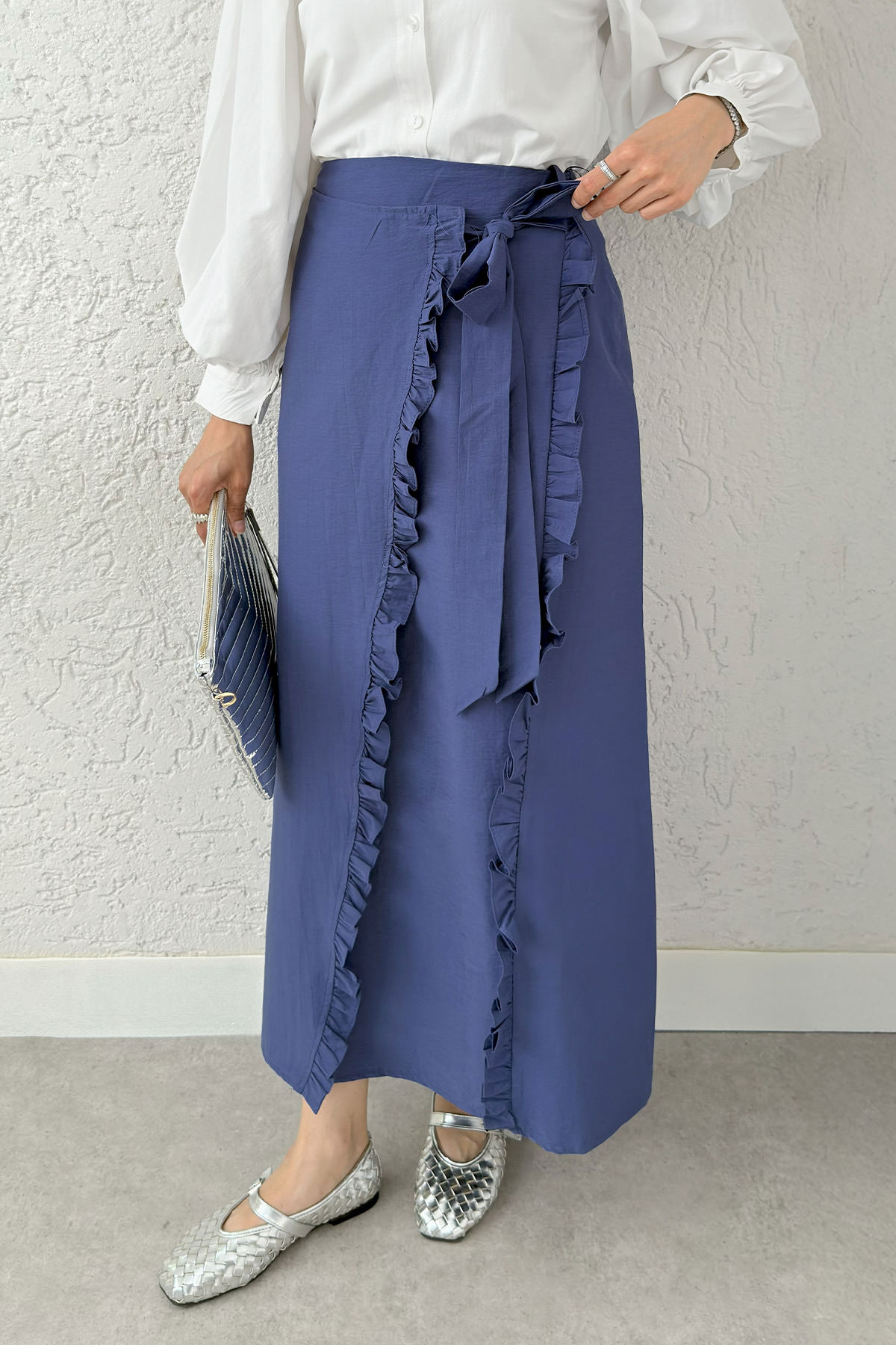 Asimetrik Fırfırlı Etek 2325 - İNDİGO |  