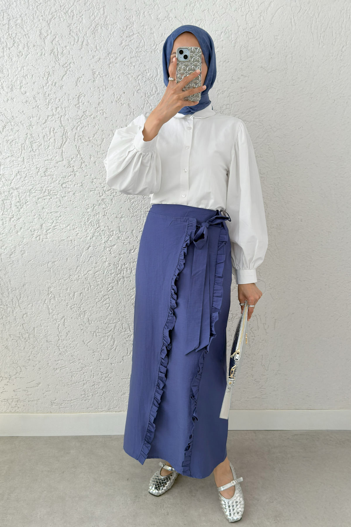 Asimetrik Fırfırlı Etek 2325 - İNDİGO |  