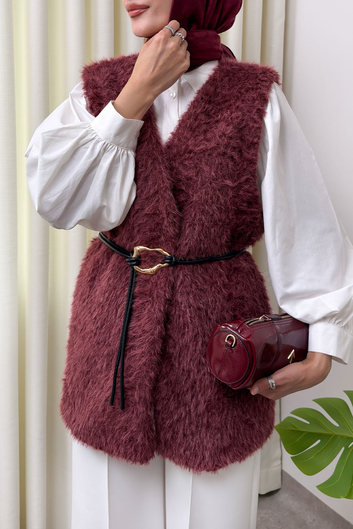 Kemerli Kürk Yelek 2910 - BORDO | zenne.com 